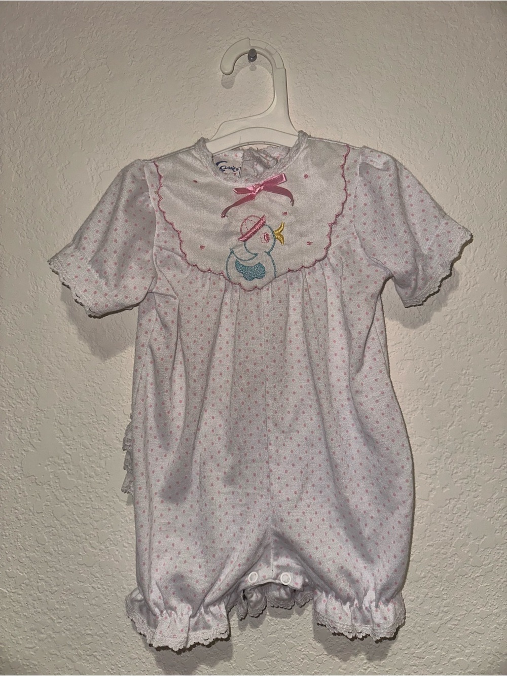 Vintage Baby Girls White and Pink Duck Applique One-Piece Romper Size 12 Months